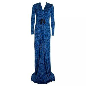 Issa London Front Knot Silk Blend Floor Length Blue/Blk Print Gown Size US 4 NWT